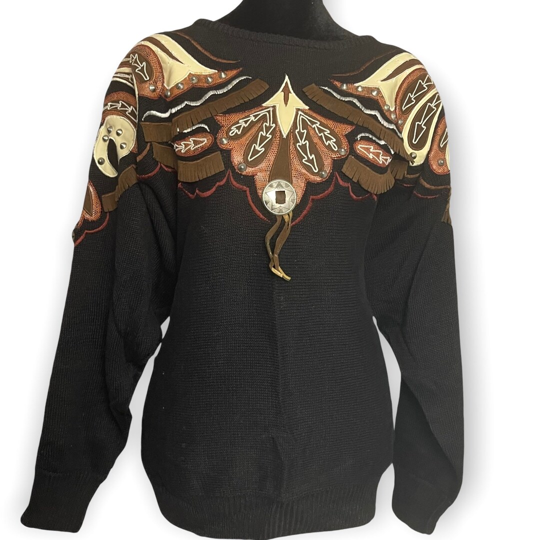 Retro Rodeo Cardigan Vintage Malain Cowboy Rodeo Sweater Black Brown Size Large Unique Rare ...