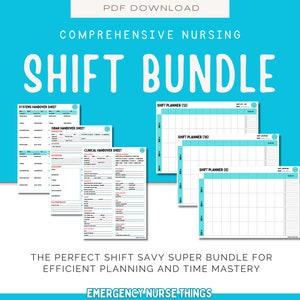 May include: A printable PDF bundle for nurses, featuring a comprehensive set of shift planning and handover sheets. The bundle includes three shift planner templates and three handover sheets: Systems, Clinical, and ISBAR. The text "COMPREHENSIVE NURSING SHIFT BUNDLE" is displayed in large, bold letters at the top of the image.
