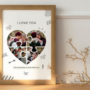 Puzzle Heart Photo Collage Frame, Wedding Love Photo Collage, 1 jaar verjaardag cadeau voor vriendje, Familie fotocollage poster print