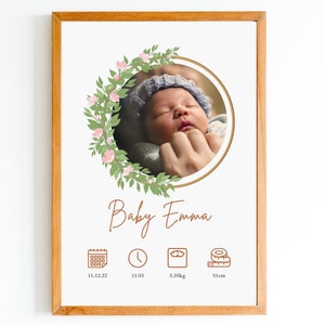 Signe de nom de nouveau-né pour impression d'hôpital, annonce de statistiques de naissance, carte d'information de naissance, cadeau de nouveau bébé pour nouvelle maman, carte de bienvenue dans le monde
