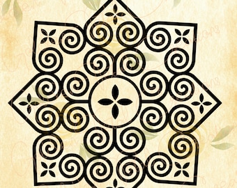 May include: A black and white geometric design with a star shape and repeating spiral patterns. The design is on a beige background with a watercolor effect.