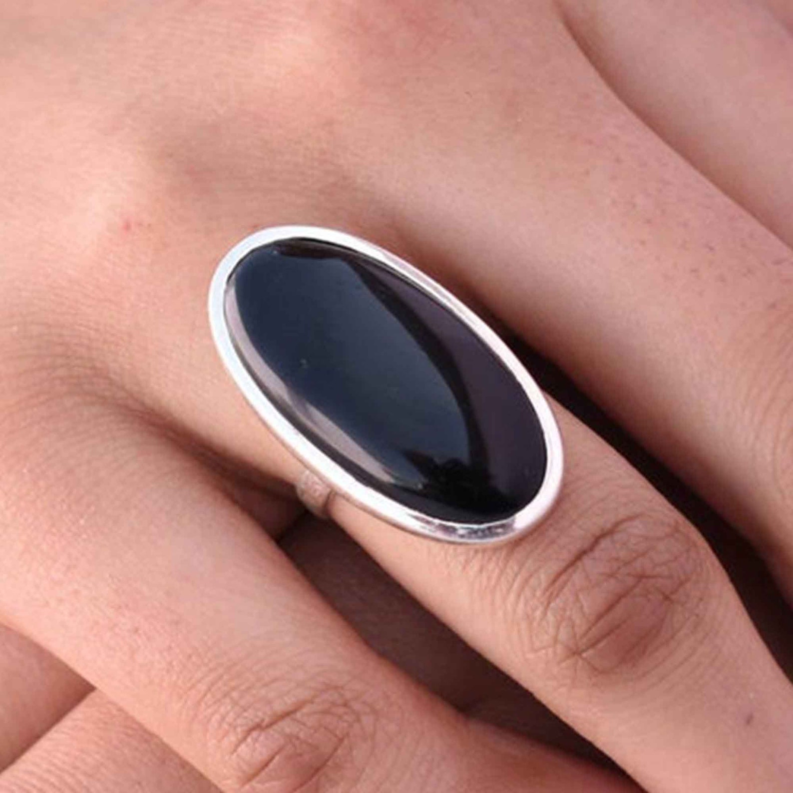 Large Long Oval Black Onyx Ring Statement Ring Full Finger Etsy
