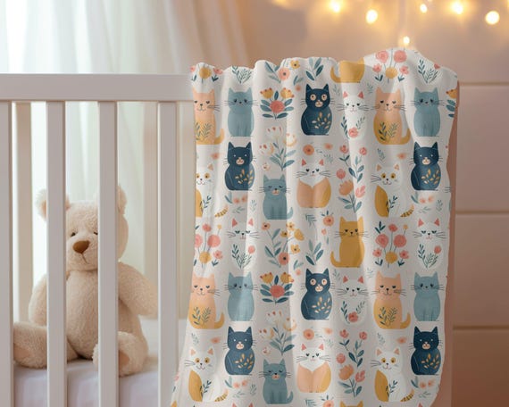 Cat Themed Baby Blanket for Cat Lover Nursery Theme Kitty Baby