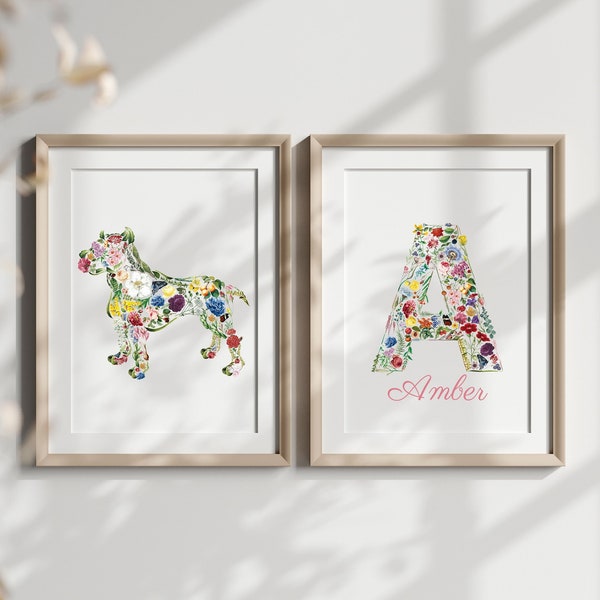 Custom Pitbull Wall Art Print, Set Of 2 Prints, Monogram Personalized Pet Name, Watercolor Floral Pitbull Gift For Her, Pet Wall Decor