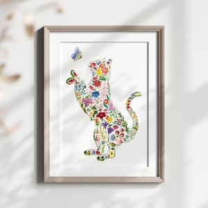 Custom Cat Wall Art Print, Cat Lover Gift, Watercolor Vintage Floral Cat, Cat Decor, Kitten Poster For Kid's Room