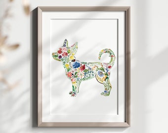 Custom Chihuahua Wall Art Print, Chihuahua Lover Gifts, Watercolor Floral Dog Poster, Colorful Nursery Home Decor, Dog Memorial Gift
