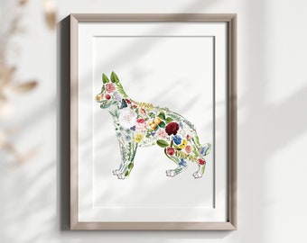 Custom German Shepherd Wall Art Print, Dog Art, Watercolor Vintage Floral Sphepherd, Pet Wall Decor, Gift for German Shepherd Lover