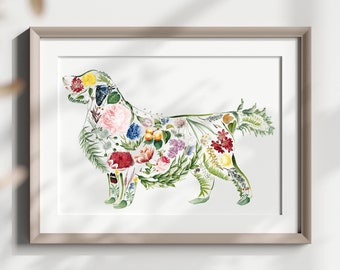 Custom Golden Retriever Wall Art Print, Goldie Lover Gifts, Watercolor Floral Dog Poster, Colorful Nursery Home Decor, Dog Memorial Gift