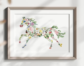 Individuelles Pferd Wand Kunst Druck, Reiter Kunst, Aquarell Vintage Blumen Pferd, Pferde Dekor, Pferd Poster für Kinderzimmer, Reiter Geschenke
