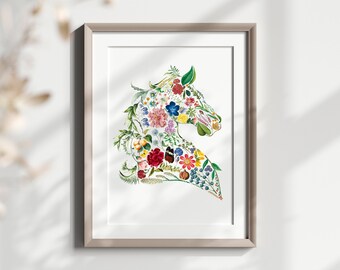Individuelles Pferd Wand Kunst Druck, Reiter Kunst, Aquarell Vintage Blumen Pferd, Pferde Dekor, Pferd Poster für Kinderzimmer, Reiter Geschenke