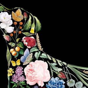 May include: A floral illustration of a dog's silhouette against a black background. The dog shape is filled with various flowers, leaves, and butterflies in shades of white, pink, yellow, and blue. The artwork has a vintage, botanical feel.