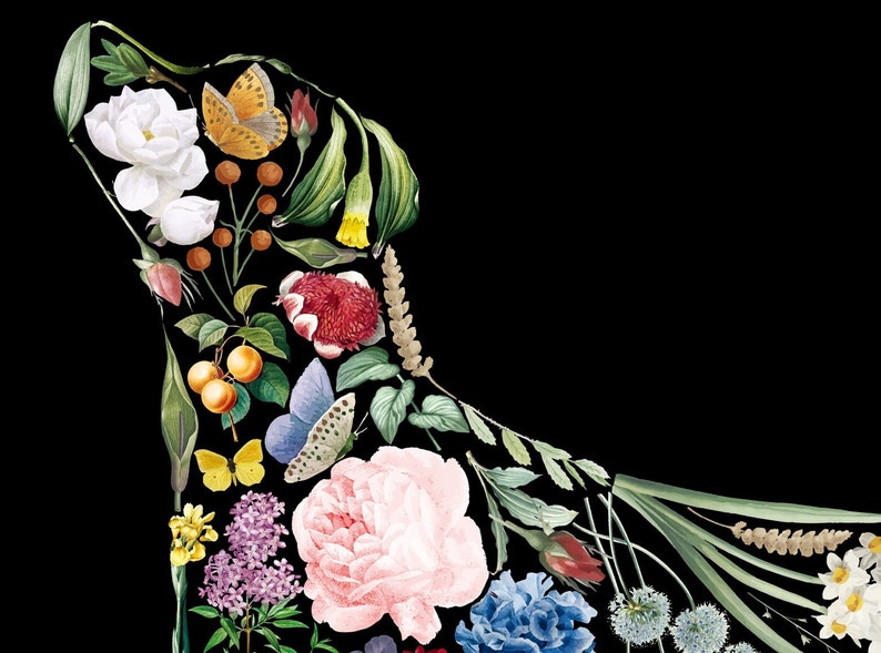 May include: A floral illustration of a dog's silhouette against a black background. The dog shape is filled with various flowers, leaves, and butterflies in shades of white, pink, yellow, and blue. The artwork has a vintage, botanical feel.