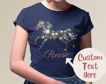Youth Custom Horse Shirt for Kids, Personalized Gift for Horse Lover Girl , Floral Horse T-shirt with flowers, Custom Name Birthday T Shirt