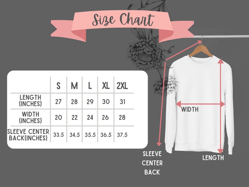 Peut inclure: Un sweat-shirt blanc est suspendu &agrave; un cintre en bois, avec un tableau des tailles affich&eacute; &agrave; gauche. Le tableau indique les mesures de longueur, de largeur et de dos de manche en pouces pour les tailles S, M, L, XL et 2XL. Le texte "Size Chart" est en haut.