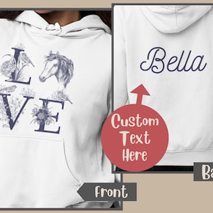 Horse Hoodie With Custom Back Print, Horse Hooded Sweatshirt, Horse Owner gift, Horse Lover Hoodie, Equestrian Gift