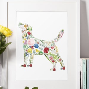May include: A framed art print featuring a dog silhouette filled with colorful floral patterns. The artwork showcases a variety of flowers in shades of red, pink, yellow, blue, and white, creating a vibrant and artistic design.