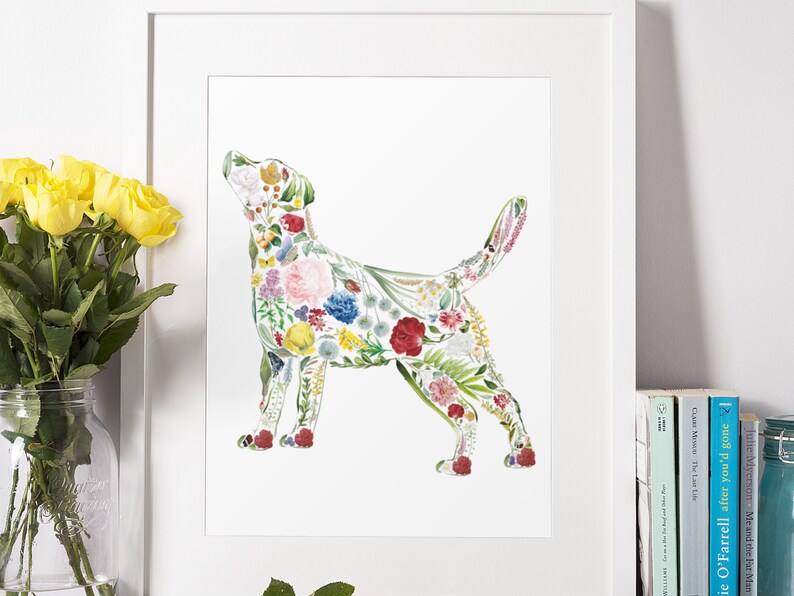 May include: A framed art print featuring a dog silhouette filled with colorful floral patterns. The artwork showcases a variety of flowers in shades of red, pink, yellow, blue, and white, creating a vibrant and artistic design.