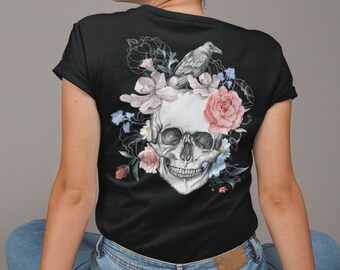Gothic Skull Floral Unisex T-Shirt With Back Print, Halloween Back Print Shirt, Spooky Halloween Tee With Print On Back