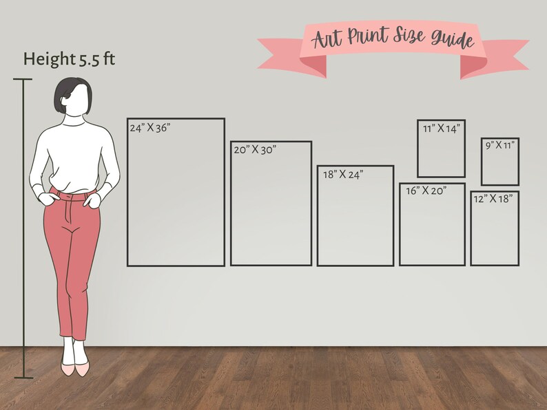 May include: An art print size guide displays various rectangular frame sizes, including 24" x 36", 20" x 30", and 18" x 24". A person stands next to a height indicator of 5.5 ft. The text "Art Print Size Guide" is at the top.