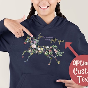 Youth Custom Horse Hooded Sweatshirt, Horse Hoodie for Kids, Personalized Gift for Horse Lover Girl, Floral Horse Fleece Sweater
