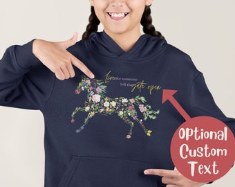 Youth Custom Horse Hooded Sweatshirt, Horse Hoodie for Kids, Personalized Gift for Horse Lover Girl, Floral Horse Fleece Sweater