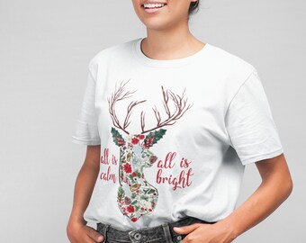 Floral Reindeer Shirt -  Deer Shirt - Christmas shirt - Christmas Pajama - Holiday Pajamas - Family Christmas Tee - Reindeer Head
