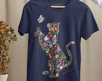 Camisa Cat Mom - Camisa Floral Gato - Camisa Silueta Gato - Camisa Amante Del Gato - Regalo del Dueño del Gato - Gato Siamés - Camiseta Unisex