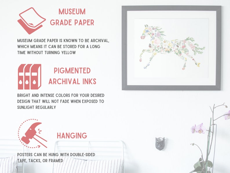 May include: A framed print of a running horse silhouette, composed of colorful flowers. The image is displayed on a white wall, with text describing museum-grade paper, pigmented archival inks, and hanging options. The print is in a gray frame.