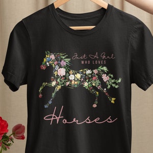 Youth Just A Girl Who Loves Horses Shirt, Kids Floral Horse Shirt with Botanical Flowers, Gift for Horse Lovers