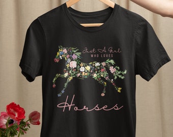 Youth Just A Girl Who Loves Horses Shirt, Kids Floral Horse Shirt with Botanical Flowers, Gift for Horse Lovers