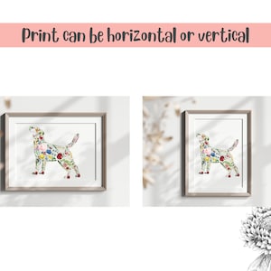 May include: Two framed prints showcasing a dog silhouette filled with colorful flowers. The frames are light brown, and the prints can be displayed horizontally or vertically, as indicated by the text above. The dog's form is filled with a variety of blooms.