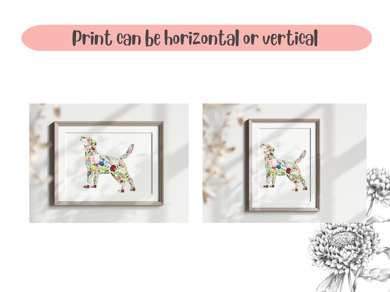 May include: Two framed prints showcasing a dog silhouette filled with colorful flowers. The frames are light brown, and the prints can be displayed horizontally or vertically, as indicated by the text above. The dog's form is filled with a variety of blooms.