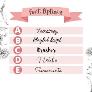 Peut inclure: Image pr&eacute;sentant des options de polices pour des projets de conception. Le texte "Font Options" est sur une banni&egrave;re rose. Cinq styles de polices sont affich&eacute;s, chacun avec un identifiant de lettre et un exemple de la police. Des illustrations florales encadrent le texte.