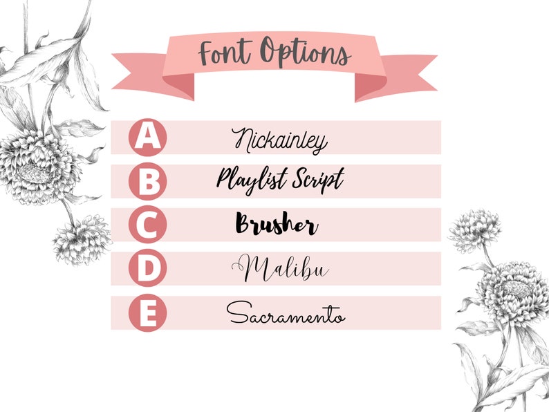 Peut inclure: Image pr&eacute;sentant des options de polices pour des projets de conception. Le texte "Font Options" est sur une banni&egrave;re rose. Cinq styles de polices sont affich&eacute;s, chacun avec un identifiant de lettre et un exemple de la police. Des illustrations florales encadrent le texte.