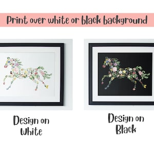 May include: Two framed art prints showcasing a floral horse design. One print features the design on a white background, the other on black. The text at the top reads "Print over white or black background."