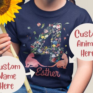 Custom Toddler Shirt, Girls 4th Birthday Shirt, Personalized Name And Animal T-Shirts, Name And Number Tee, Fourth Birthday, Four Year Old