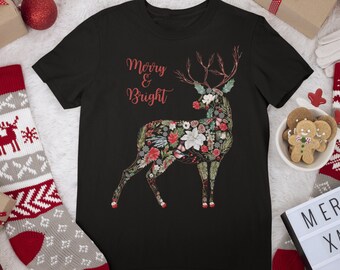 Floral Reindeer Shirt -  Deer Shirt - Christmas shirt - Christmas Pajama - Holiday Pajamas - Family Christmas Tee - Merry And Bright Shirt