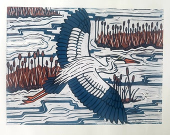 Heron Gliding Linoprint