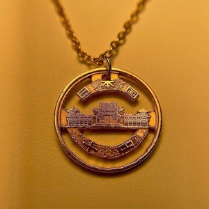 Japanese Hand Carved 10 Yen Phoenix Hall | Copper Pendant | Hand Made Wearable Necklace