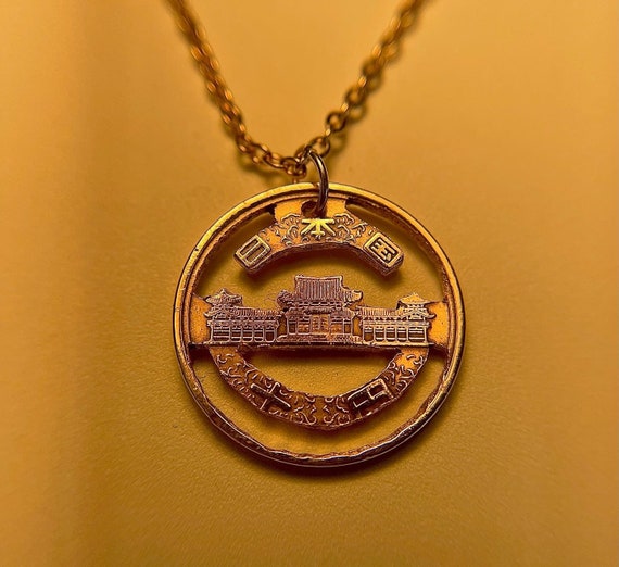 Japanese Hand Carved 10 Yen Phoenix Hall | Copper Pendant | Hand Made Wearable Necklace