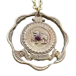 Peut inclure: Un collier pendentif doré. Le pendentif présente un emblème circulaire avec un lion tenant une épée et une pierre précieuse rouge. L'emblème est encadré et attaché à une chaîne dorée.