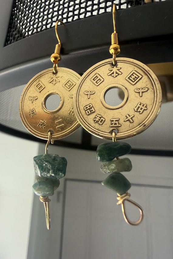 Japanese Gold Yen Earrings, Earth Green Pastel Japan Kanji Earrings