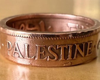 Palestinian Vintage 1940s (Hand Made) Copper Coin Ring | 10 Mils Coin| Authentic Coin/Rare Find | Palestine Handmade Jewelry • Antique
