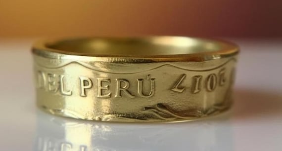 Handmade Peruvian Coin Ring - Peru 20 Céntimos - Sun God Motif - Recycled Vintage Coin Jewelry - South American Heritage Gift