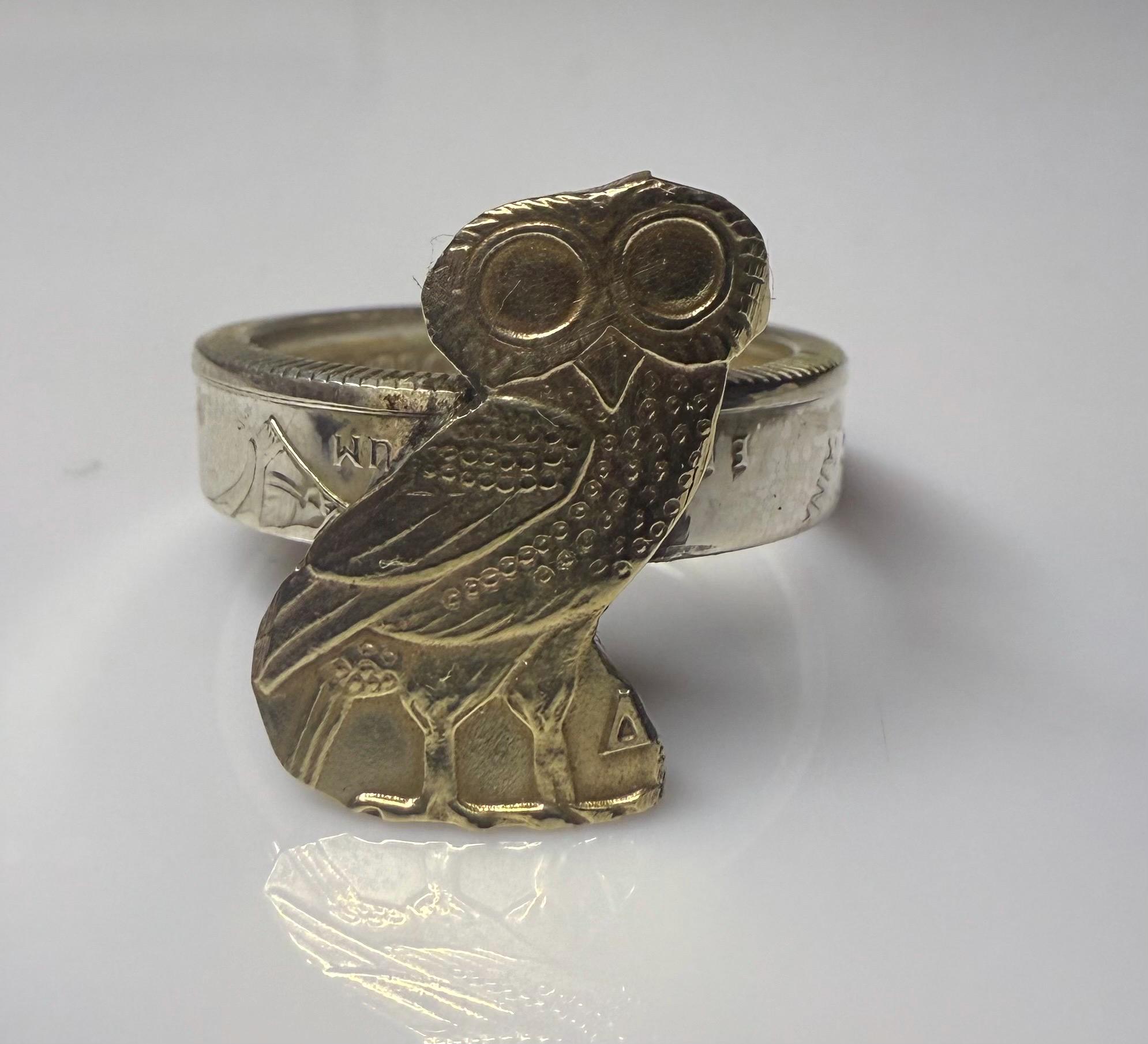 Greek Owl Signet Ring, Greece Drachma Coin Ring, Gold and Silver