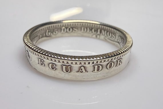 Vintage Silver Ecuador Ring, Sucre Latino Mens Minimalist Band, Sterling Coin Ring