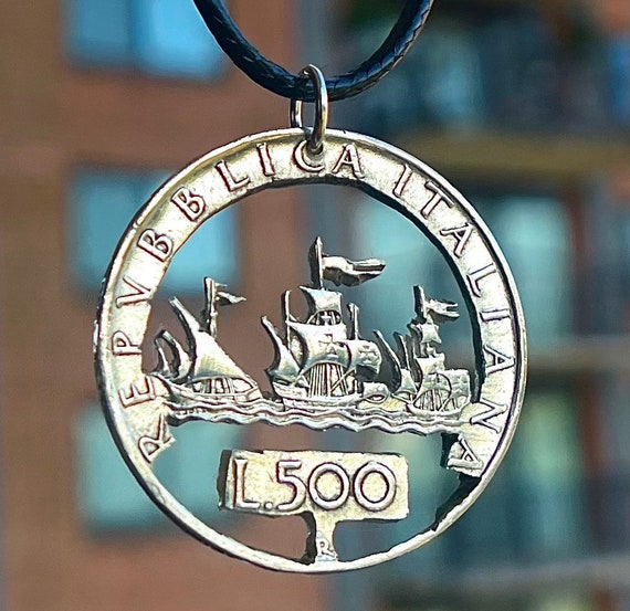 Silver Italian Handcarved Coin Pendant | 500 Lira Mens and Woman’s Handcut Sailing Fleet Pendant | Handmade Italian Unisex Necklace Pendant