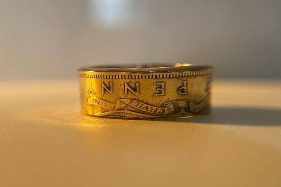 Vintage Jamaican Brass Coin Ring: Handmade Kingston Band, 1940s