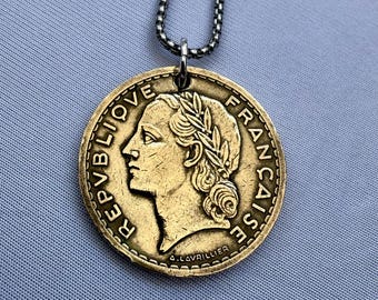 French Coin Pendant, France Necklace, Francophile, Golden Coin Necklace