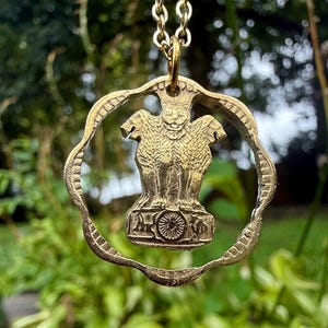 Indian Lion Necklace | Indian Coin Ashoka Golden Carved Necklace | Gift from India | Lion Gold Chaim Vintage Antique | Coin Jewelry
